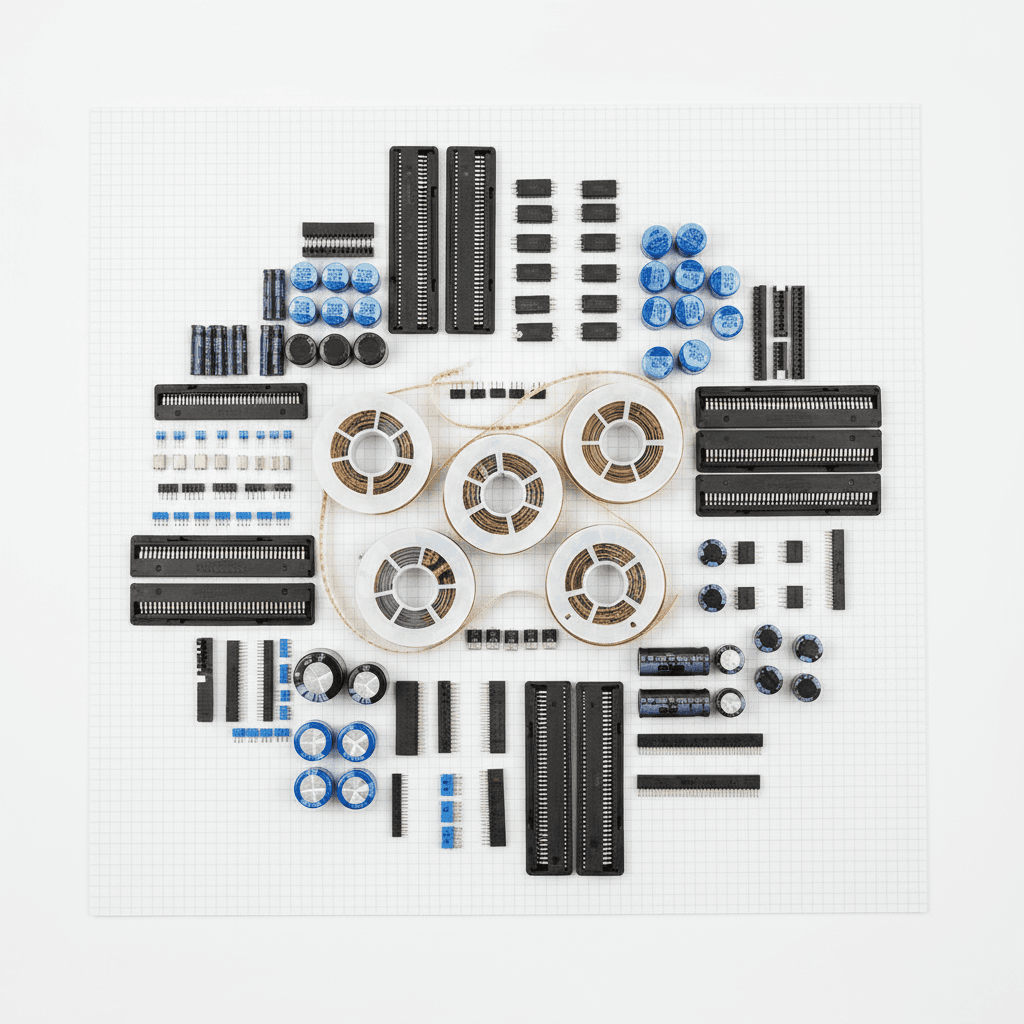 Variety of electronic components including MLCCs, resistors, ICs, and connectors