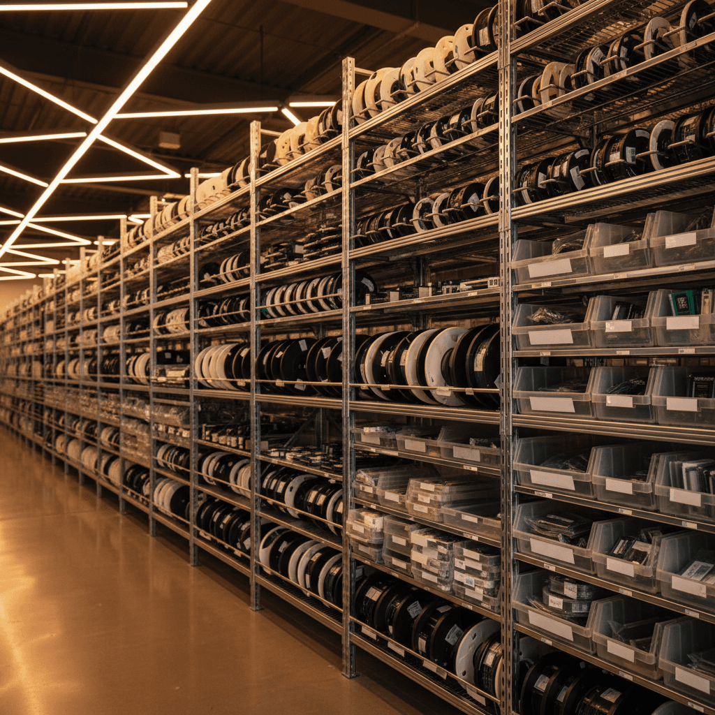 OTL Components warehouse with organized electronic component shelves